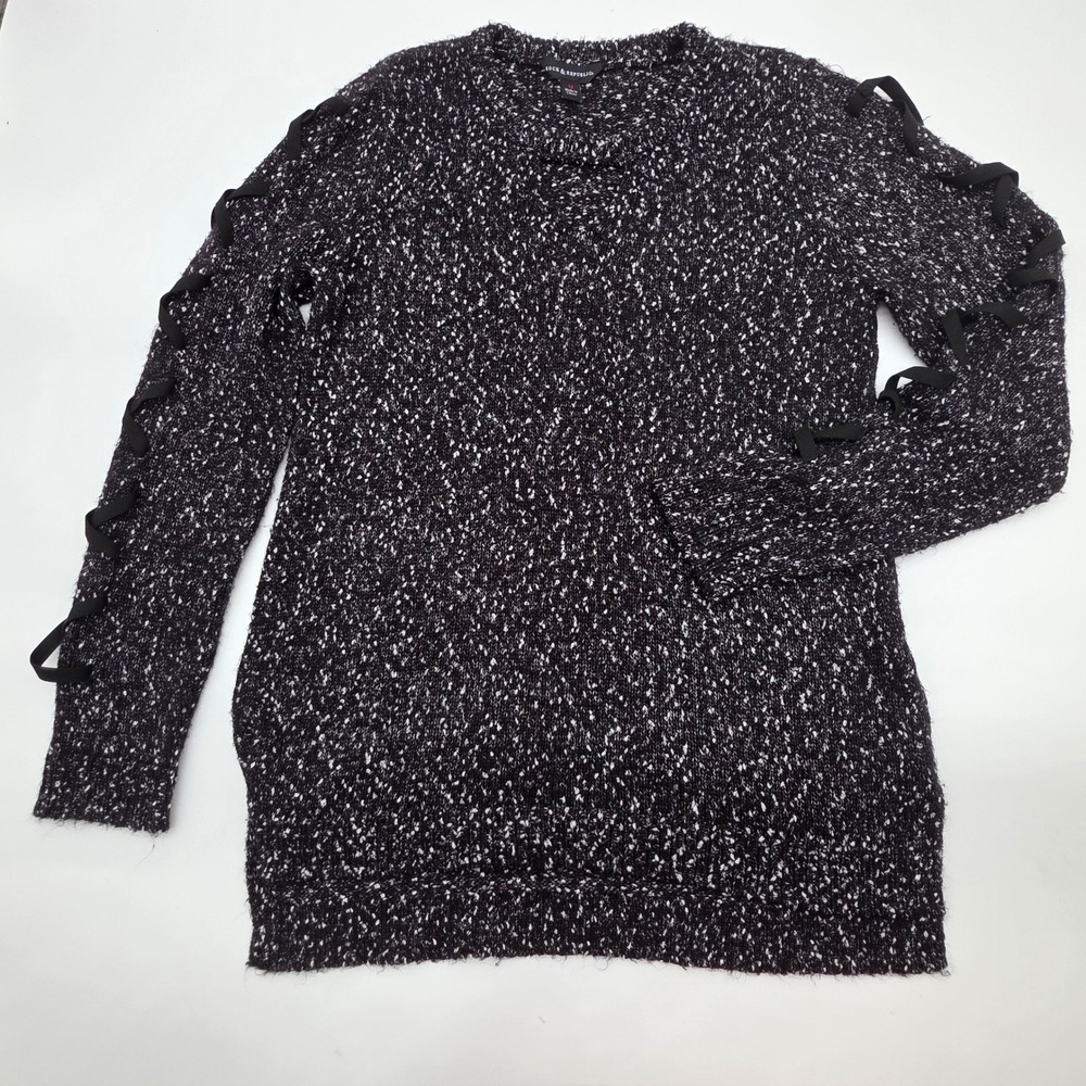 Romantic Rock & Republic Sweater Womens Medium Black Marled Lace Up Sleeve Knit